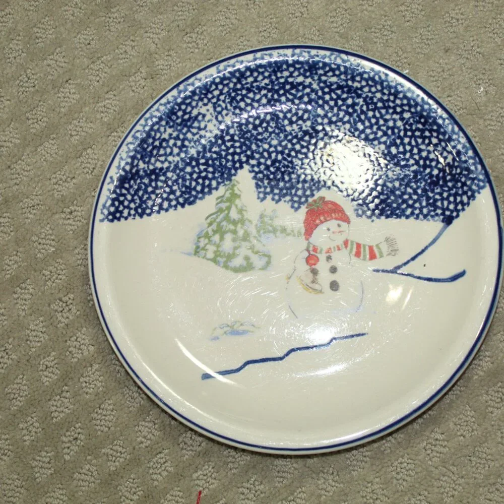 Vintage Set Of 3 Thomson Pottery Snowman 10.25” Dinner Plates Retired